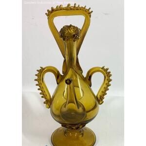 Early 20th C. Catalan Yellow Hand Blown Glass Double Cruet Bottle, 1930's Spain